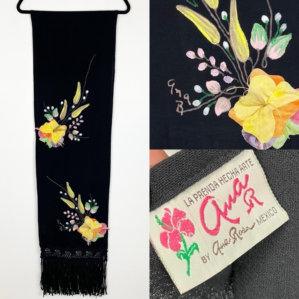 Vintage Ana Rosa Signed Black Scarf Shawl Mexico Art Hand Painted 14x86